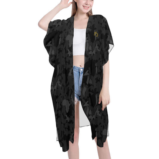 AfriBix Camo Noir Beach Kimono with Mid-Length Side Slits Chiffon Cover Up