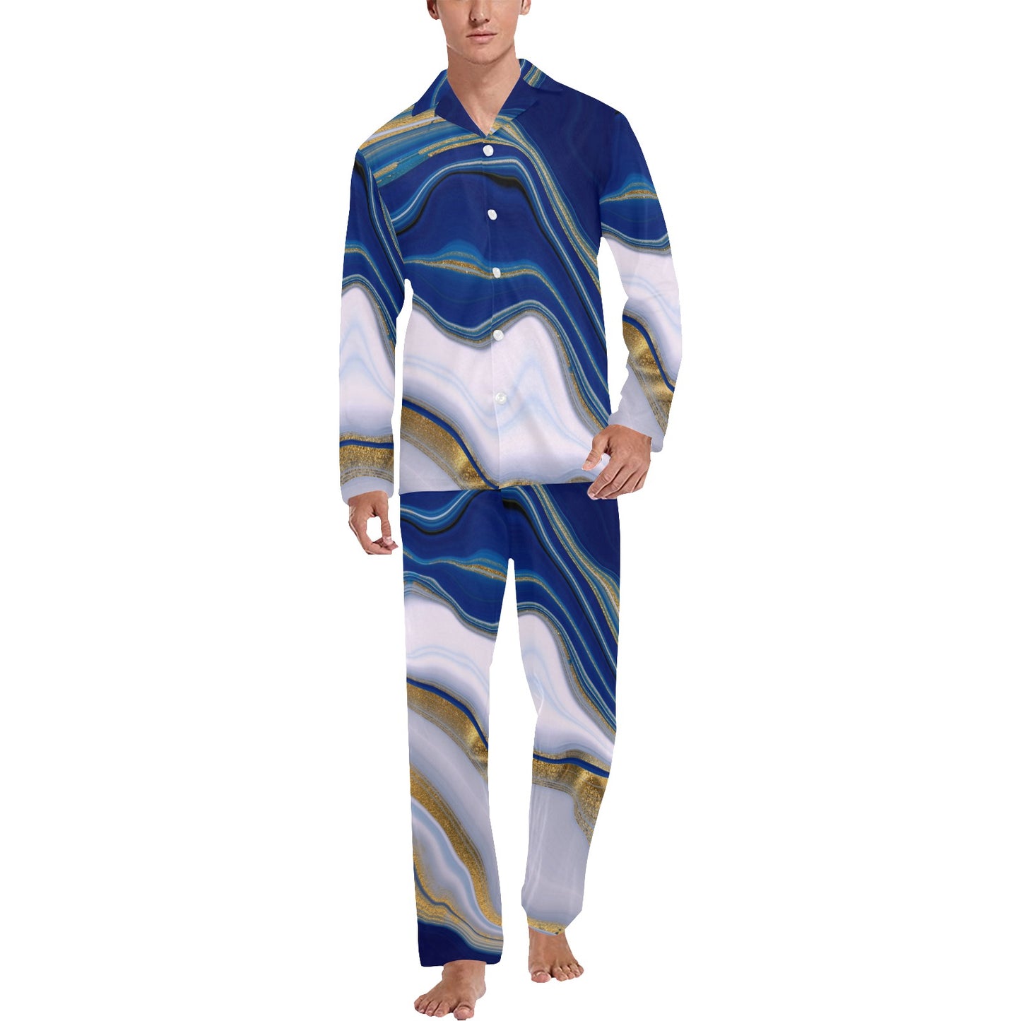 Blue Marble Galaxy Print Men's Long Sleeve Loungewear Set