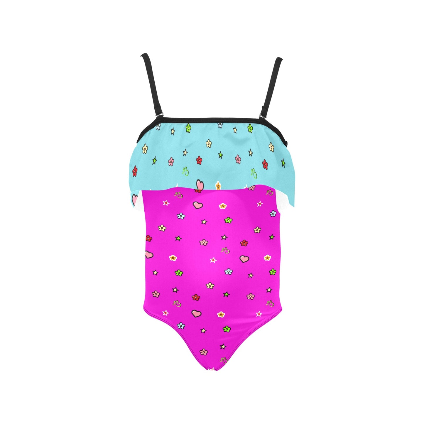 AfriBix Love Heart Girls Ruffle Kids Swimsuit - Pink and Blue
