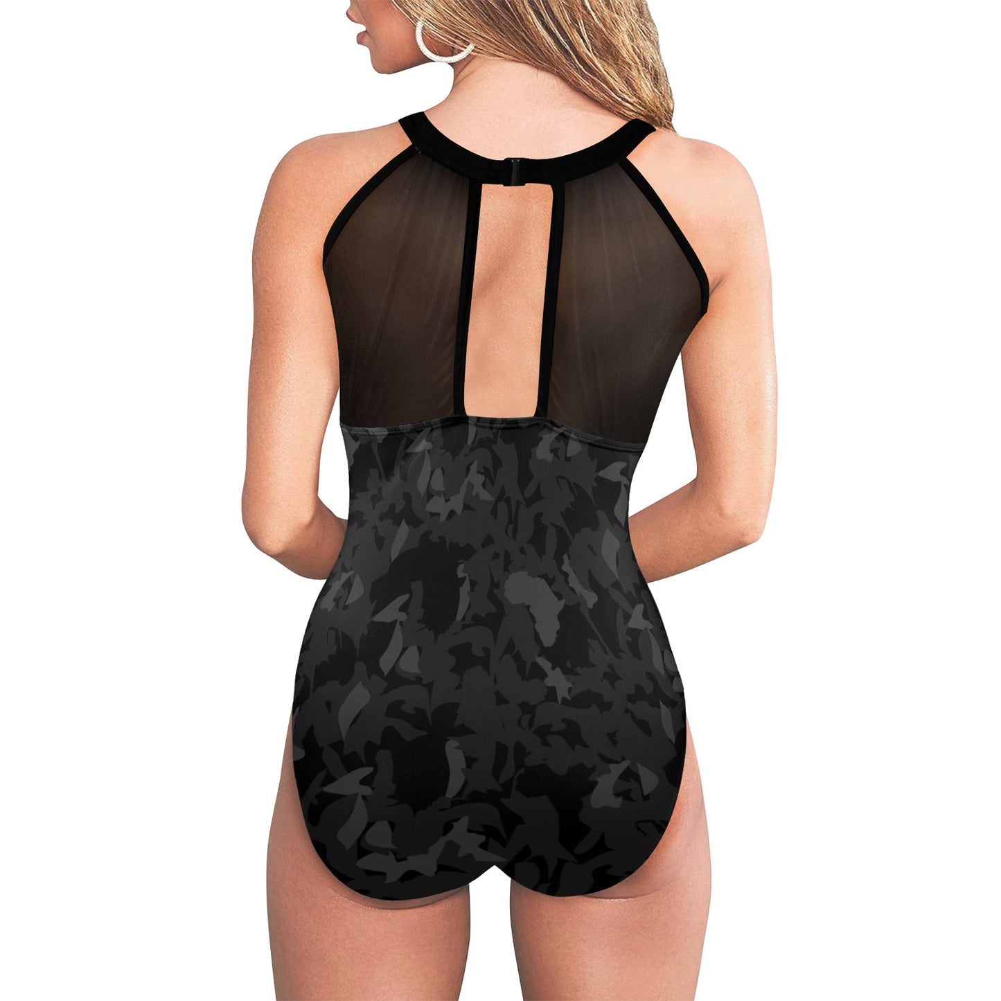 Black Camouflage High Neck Mesh Plunge One-piece Ruched Swimsuit