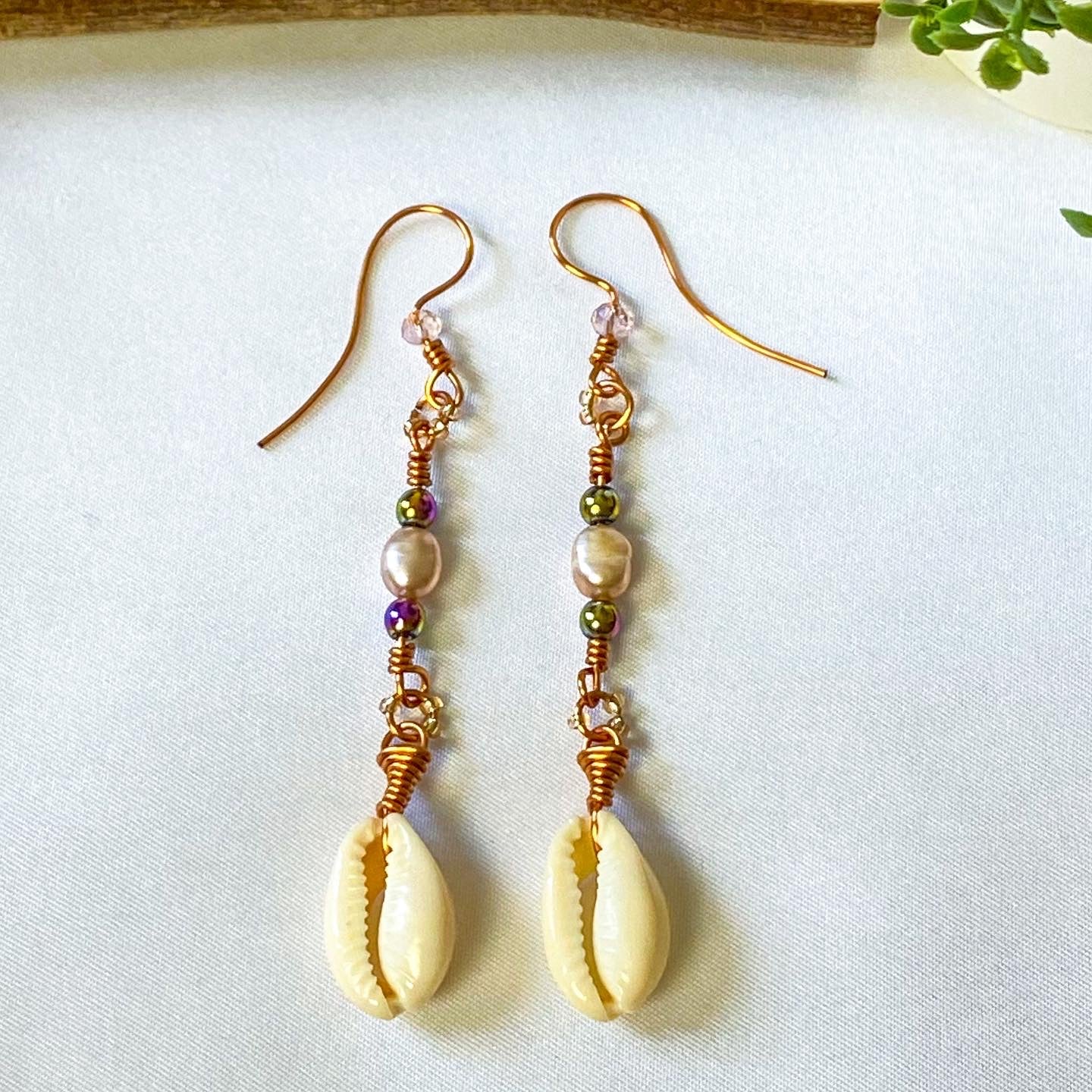 Cowrie and Pearl Dangle Drop Earring