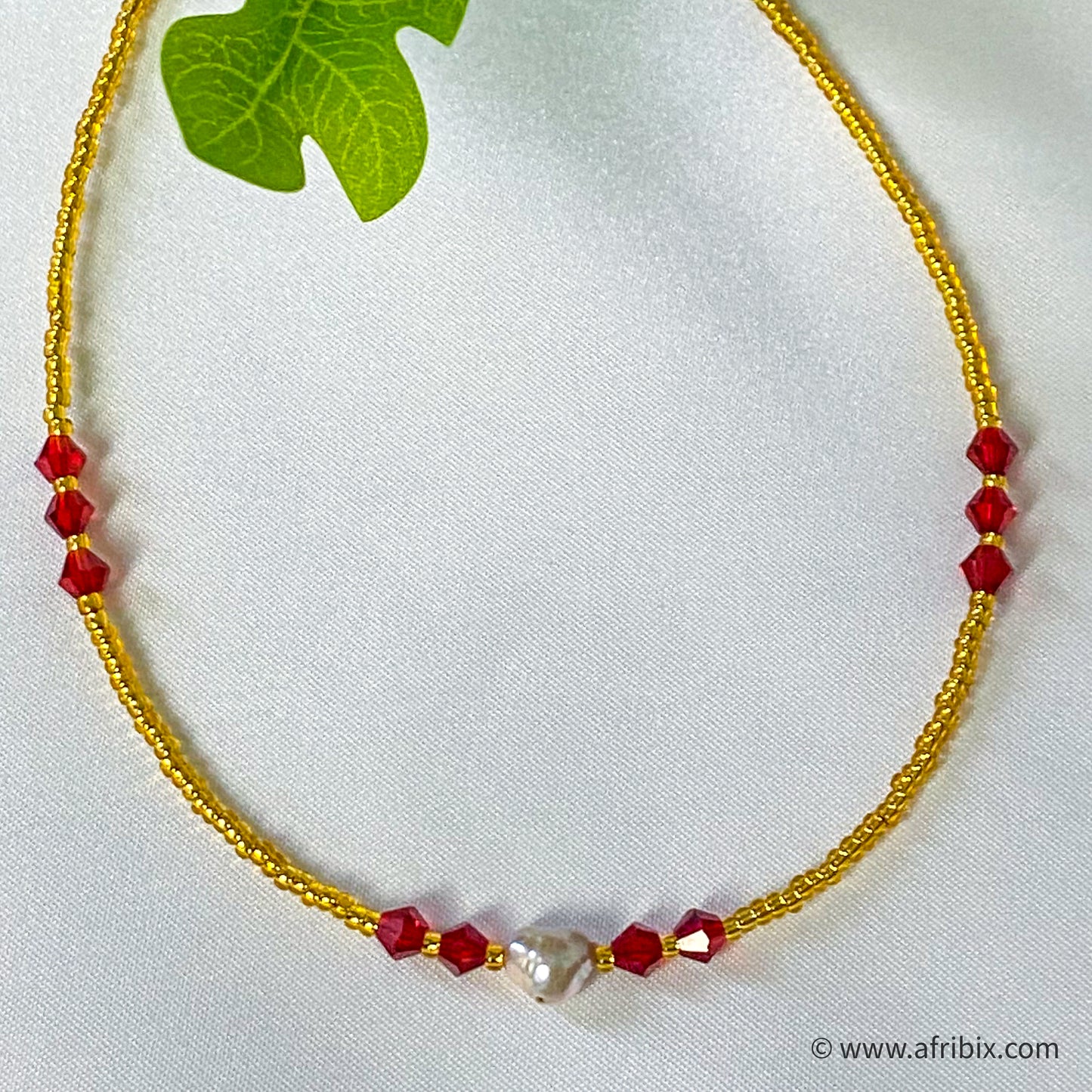 Scarlet Crystals and Freshwater Pearl Red Anklet