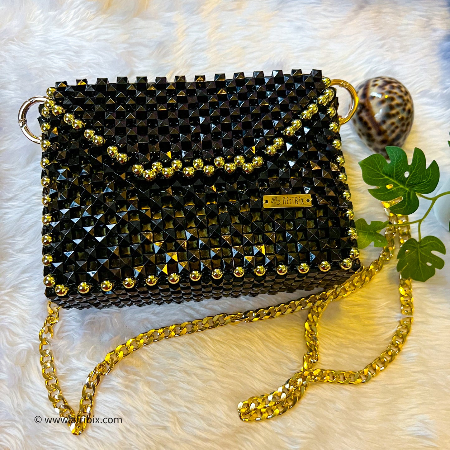 Black and Gold Box Bead Statement Hand Bag