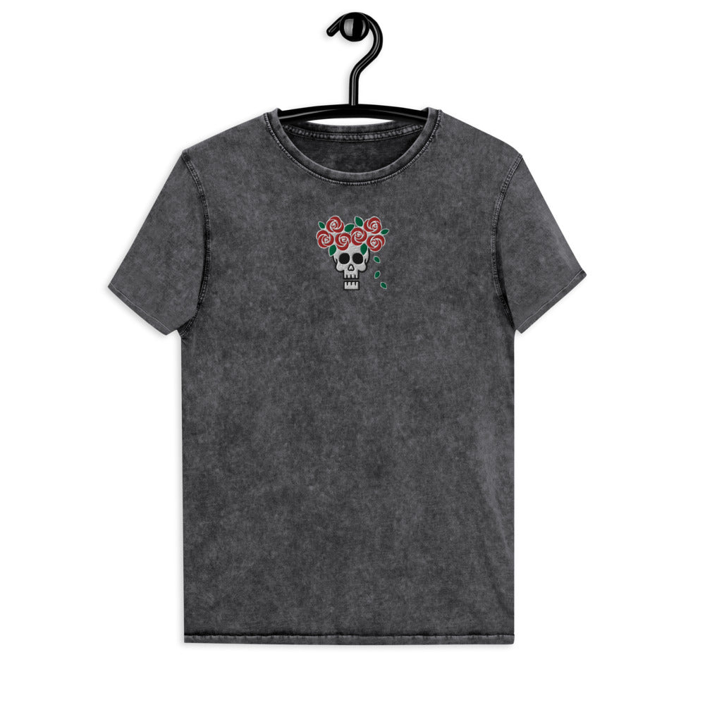 Skull Royalty Flower Embroidered Denim T-Shirt