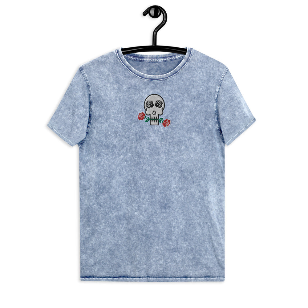 Skulls and Roses Embroidered Denim T-Shirt