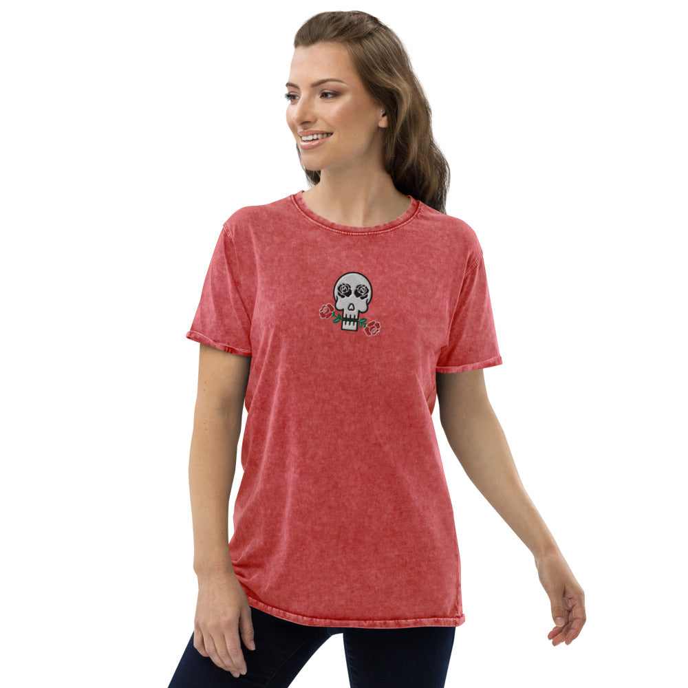 Skulls and Roses Embroidered Denim T-Shirt